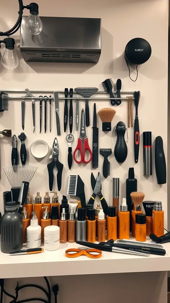 A detailed display of grooming equipment including scissors, brushes, and grooming products organized on a wall.