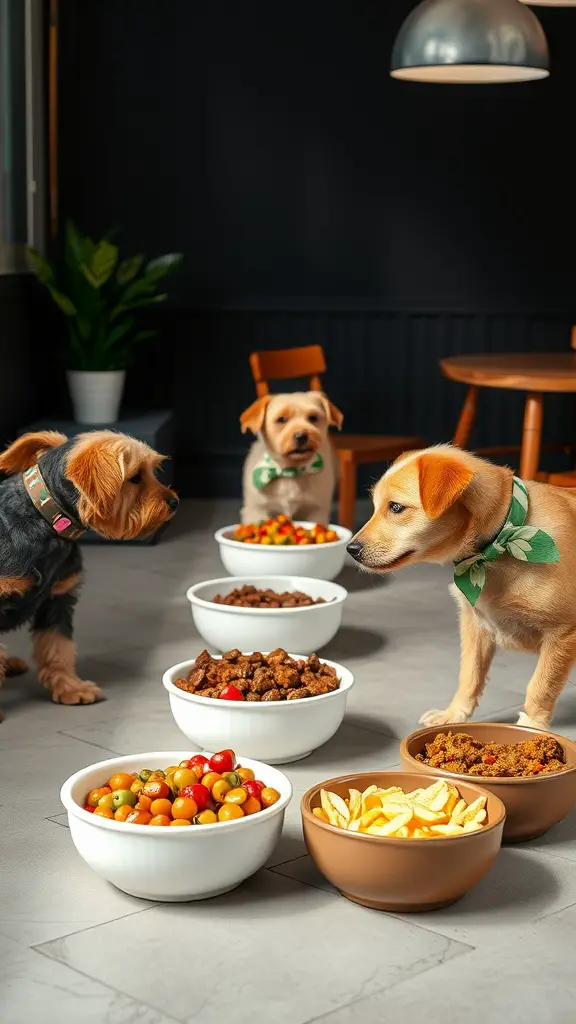 Three dogs looking at bowls filled with healthy meals in a dining area