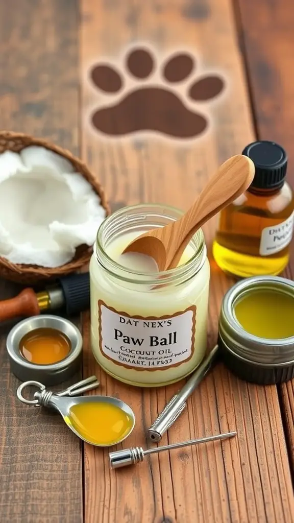 Ingredients and tools for making homemade dog paw balm.