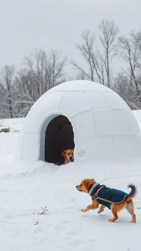 Two dogs around a white igloo-style dog house in the snow