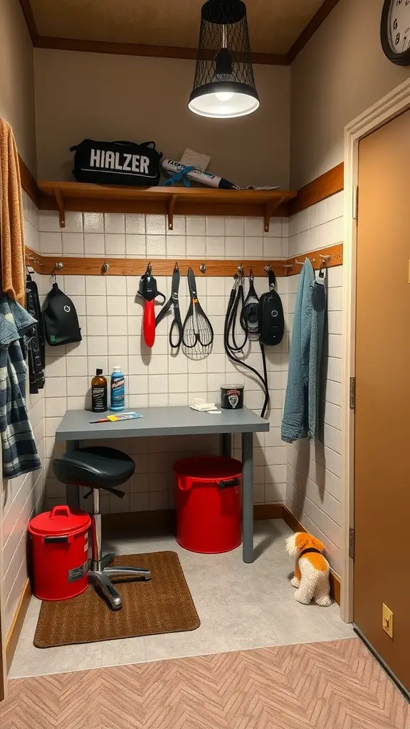 A mudroom grooming area with a gray table, red storage bins, hooks for pet accessories, and a small plush dog toy.