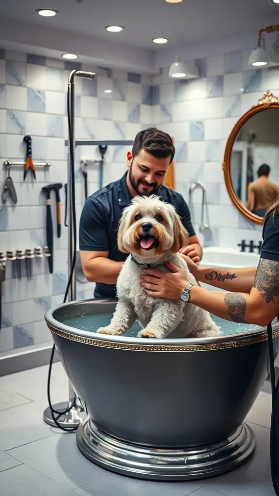 A dog in a bathtub being groomed by a staff member in a clean, modern grooming space
