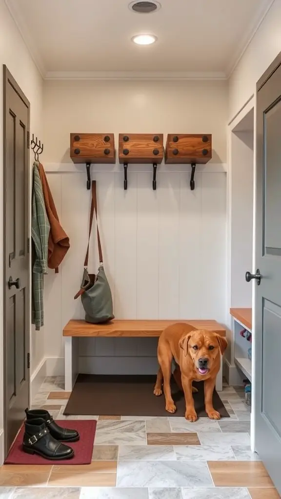 A cozy mud room with a dog, featuring durable flooring and wooden storage.