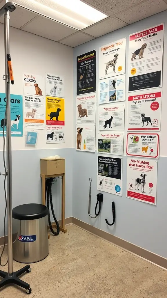 Informative wall in a dog grooming salon with various dog care posters and tools.