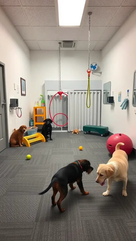 A bright play area for dogs featuring various toys and playful dogs interacting with each other.