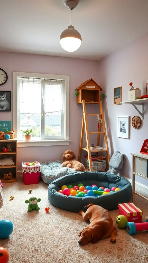 A cozy dog bedroom with a colorful ball pit, toys scattered around, and a comfortable bed.