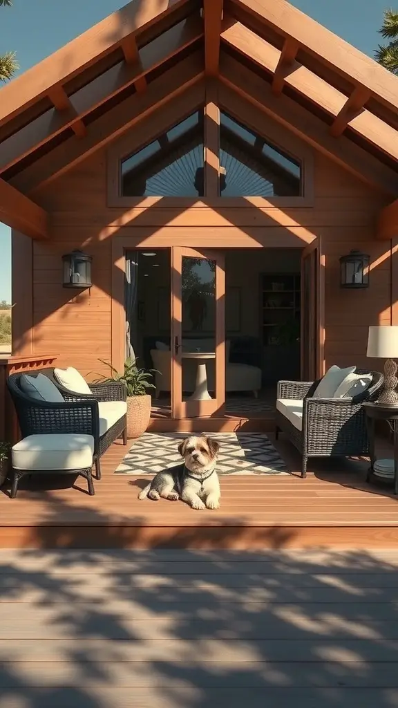A luxury dog mansion with a deck, featuring cozy seating and a small dog relaxing on the porch.