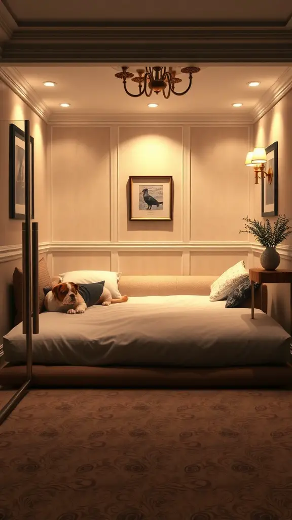 A luxury indoor suite for dogs featuring a plush bed, elegant decor, and soft lighting.