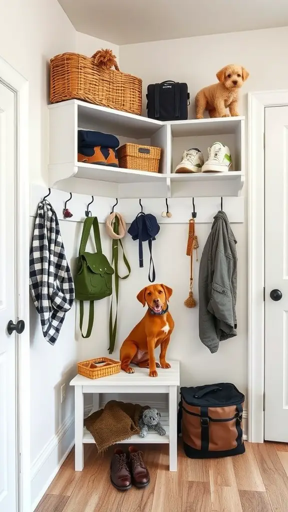 A cozy mudroom with shelves above, hooks on the wall, and a small bench, featuring a playful dog.