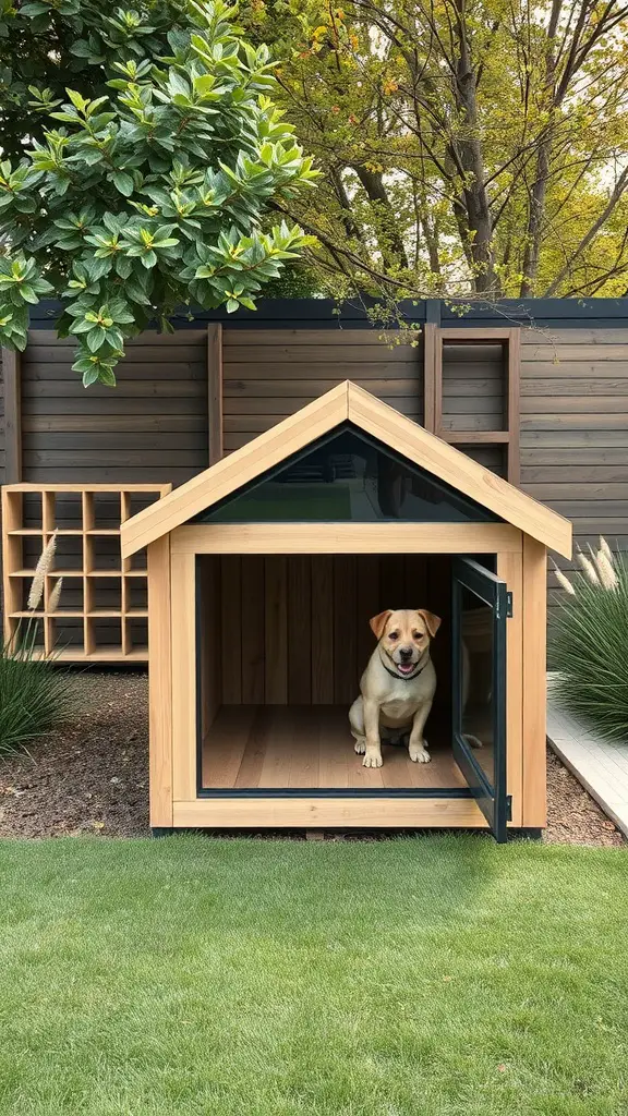 A modern minimalist dog house made of wood with a dog sitting inside.