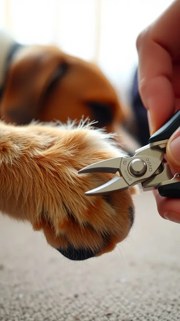 A close-up of a person clipping a dog's nails, showing a focus on care and technique.