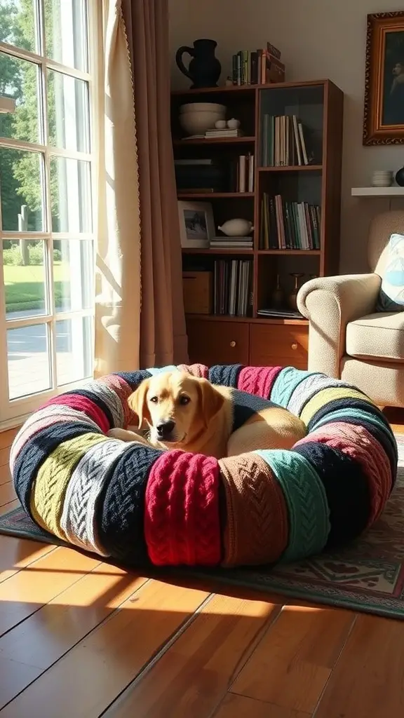 A cozy dog bed made from old sweaters with a dog lying in it, set in a sunlit room.