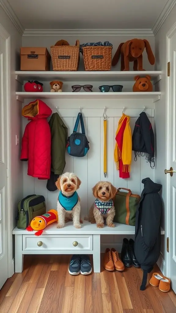 A well-organized mud room featuring two dogs on a bench, seasonal jackets hanging, baskets for supplies, and various dog toys.