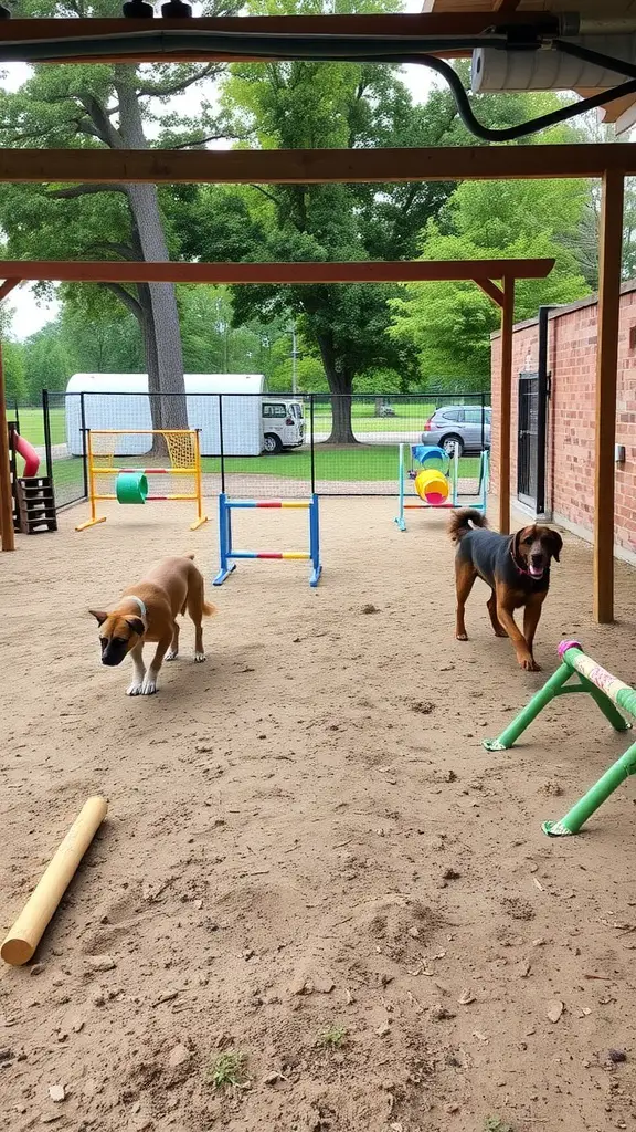 An outdoor play area for dogs featuring agility equipment, including hurdles and tunnels, with two dogs playing.