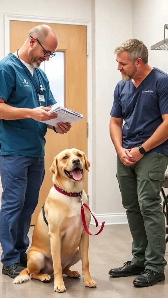 A caregiver attending to a happy dog in a boarding facility.