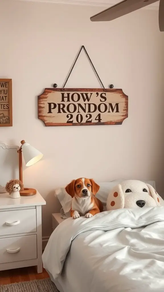 A cozy dog bedroom featuring a personalized wooden sign and a beagle lying on a bed.
