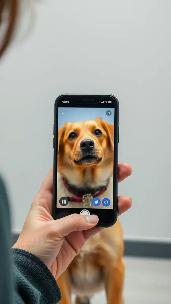 A person holding a phone showing a close-up of a happy golden retriever.