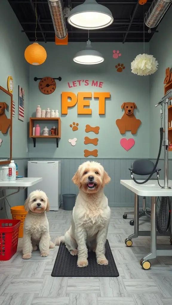 A bright dog grooming salon with two dogs sitting on a mat, featuring playful decor and a welcoming atmosphere.