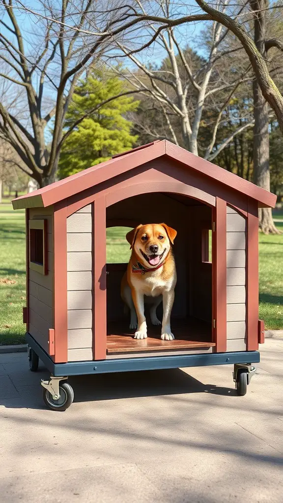 A happy dog sitting in a portable dog house on wheels in a park