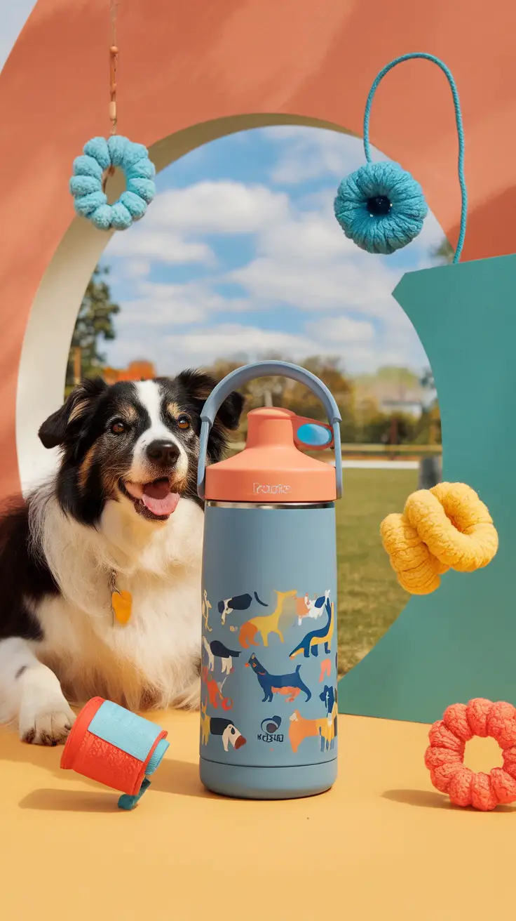 A happy dog wearing a portable water bottle that serves as both a hydration source and a stylish accessory.