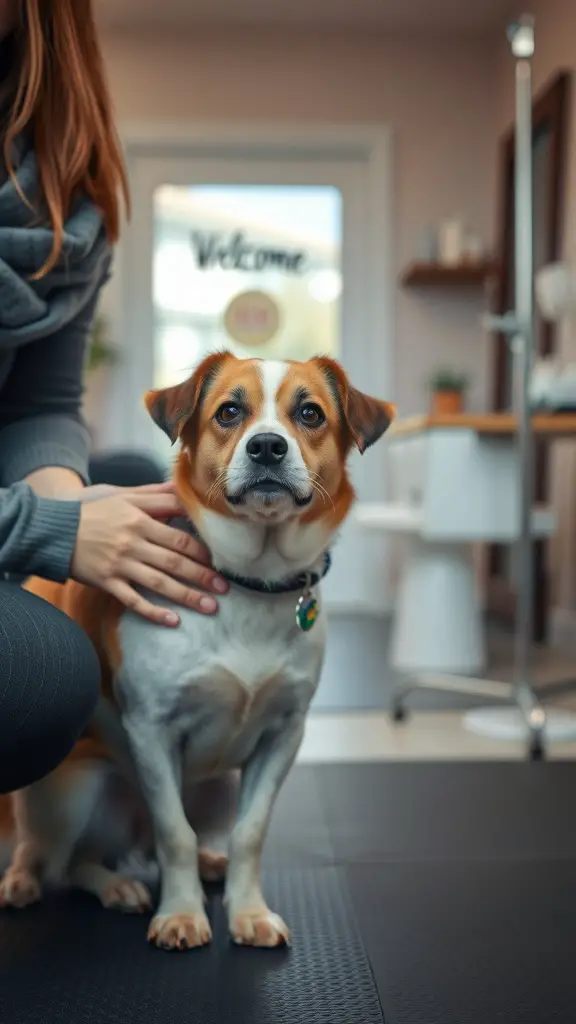 A dog sitting calmly with its owner in a grooming salon.