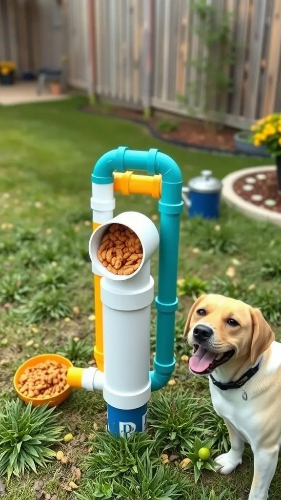 A PVC pipe food dispenser filled with kibble next to a happy dog.