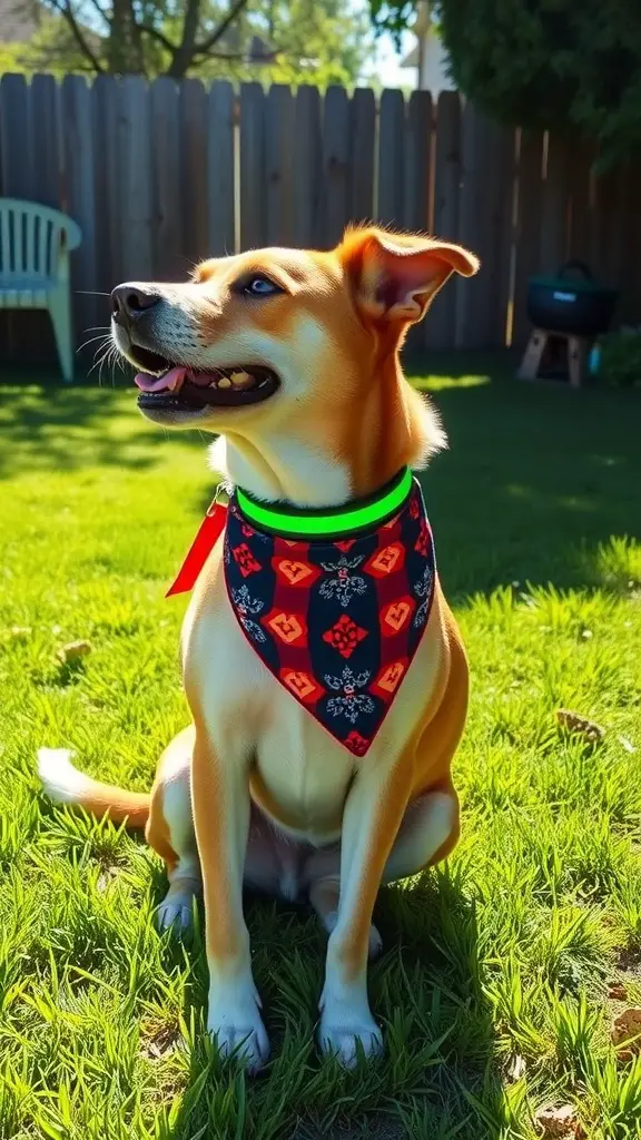 A dog sitting in a grassy area wearing a bright bandana and reflective collar.