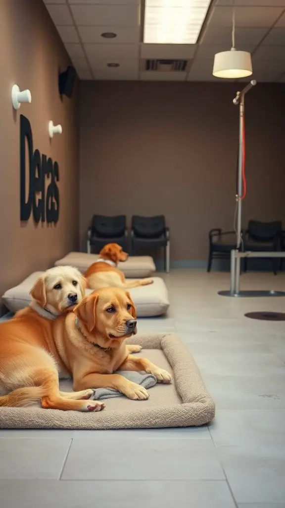 A cozy relaxation zone in a dog grooming salon with dogs resting on soft mats.