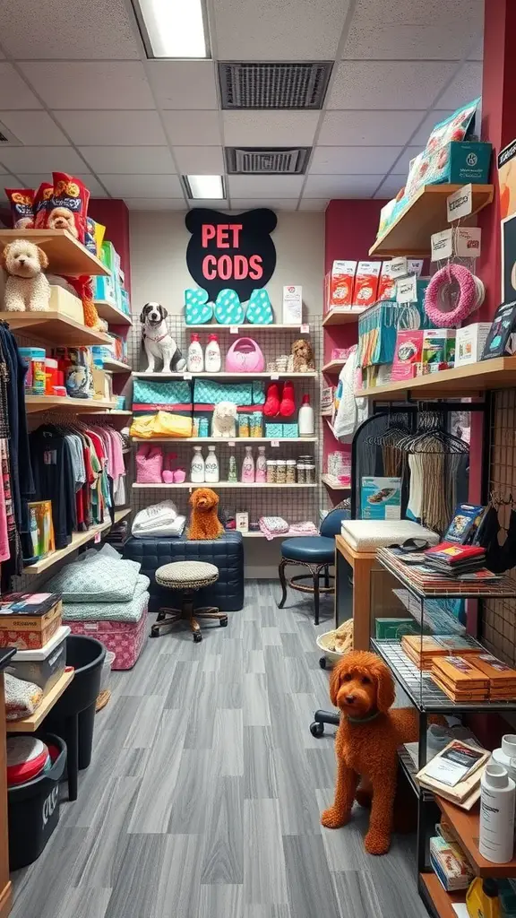 A retail section in a dog grooming salon with colorful pet products and playful dog figures.