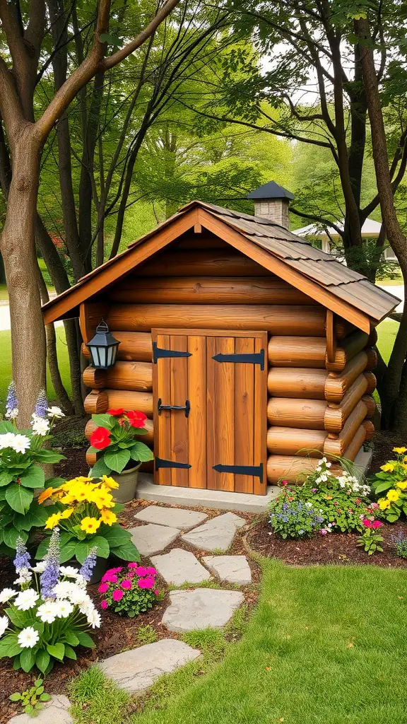 A charming rustic log cabin style dog house surrounded by colorful flowers and greenery.