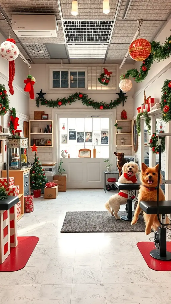 A festive dog grooming salon decorated for the Christmas holiday with a Christmas tree, garlands, and cheerful ornaments.