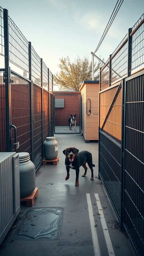 A secure dog boarding facility with fenced areas and two dogs visible
