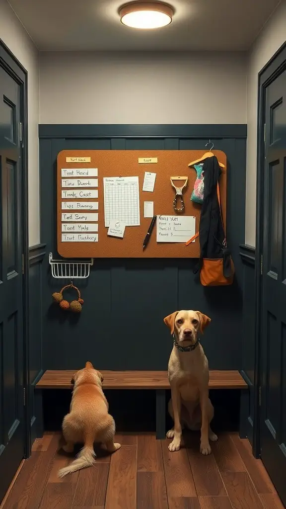 A cozy mudroom with a corkboard, bench, and two dogs, showcasing an organized space for tracking dog's needs.