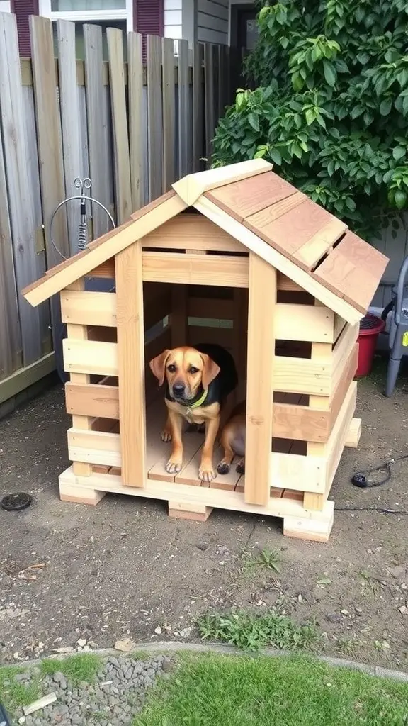A wooden DIY dog house made from pallets with a sloped roof and a dog sitting outside.