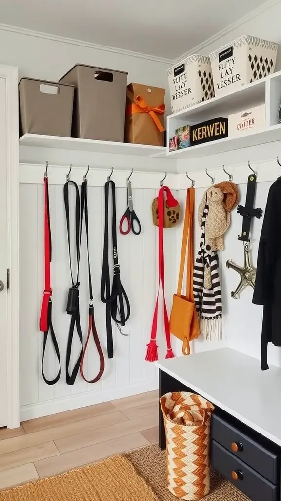 Organized dog mud room with leashes, baskets, and storage solutions