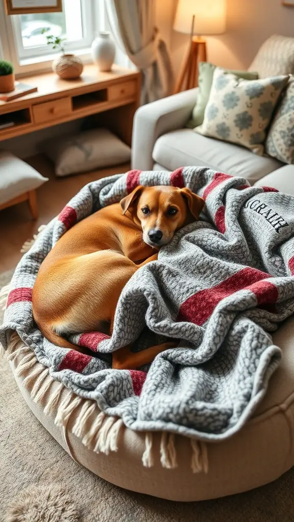 A dog curled up on a cozy blanket in a home setting.