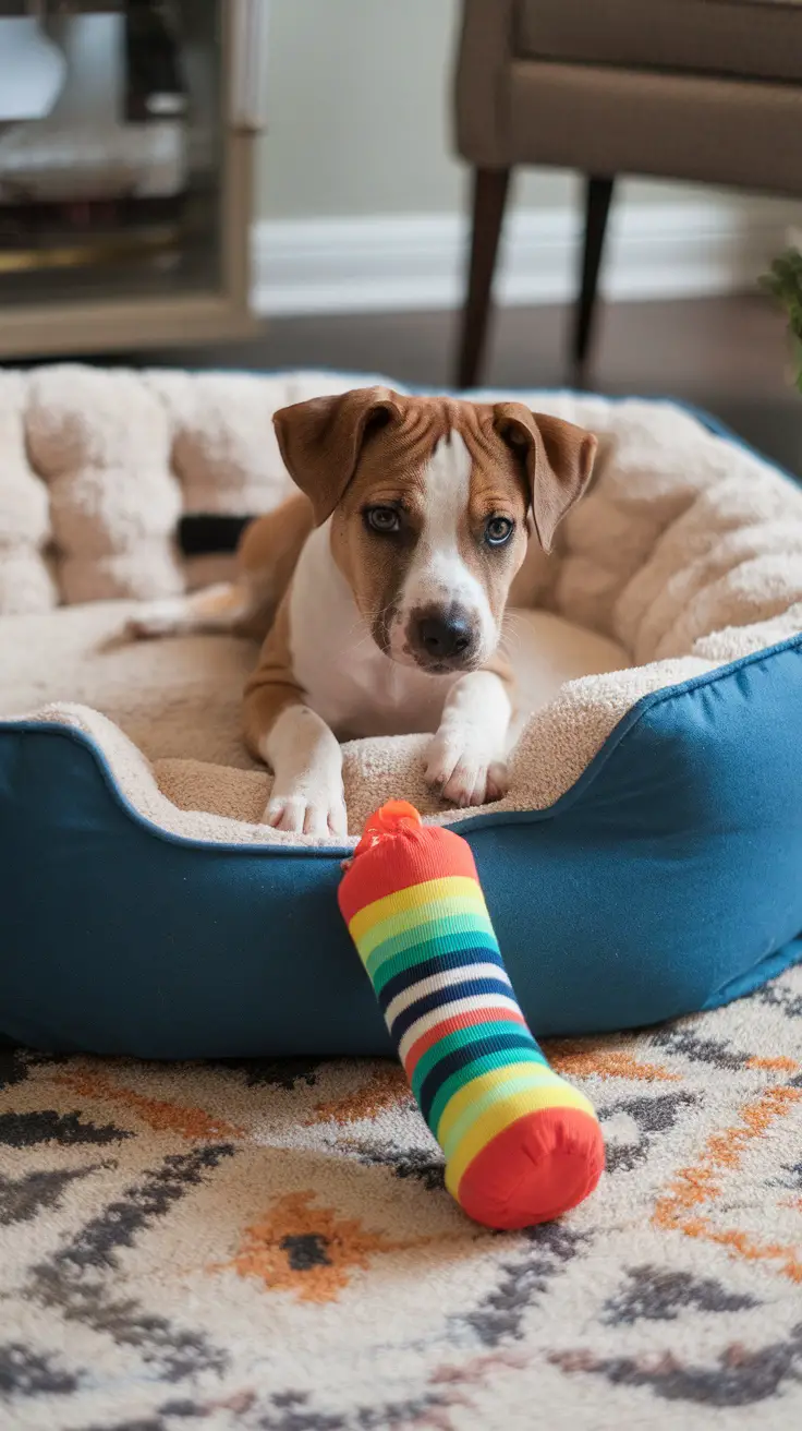 Two puppies cuddling in a dog bed with a colorful DIY sock and water bottle crunch toy.
