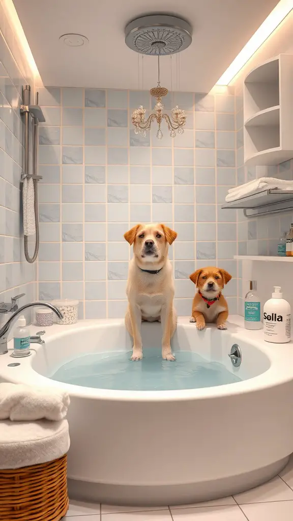 A spa treatment area for dogs featuring two dogs in a bathtub with soothing water and elegant decor.