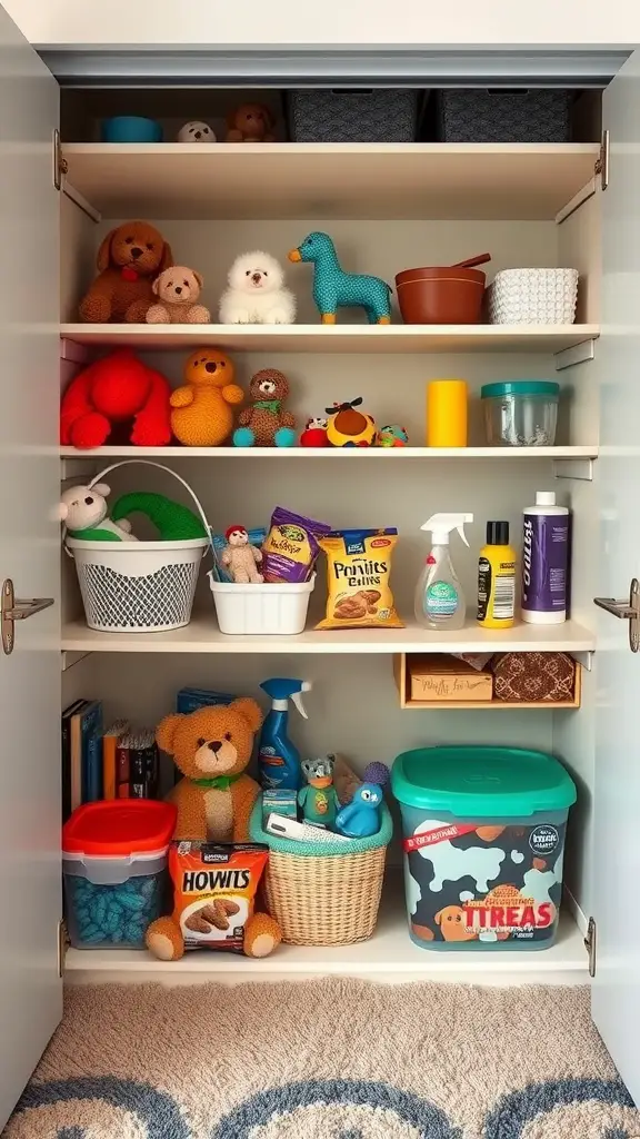 Organized storage space for dog essentials with toys, treats, and cleaning supplies.