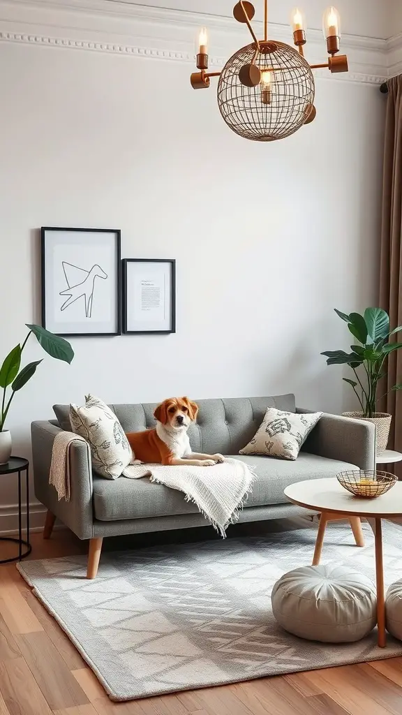 A stylish living room with a dog lounging on a gray couch, surrounded by modern furniture and decor.