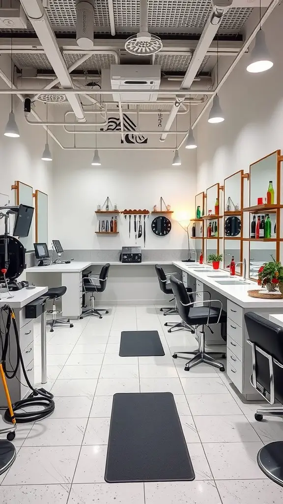 A modern dog grooming salon featuring stylish grooming stations with organized workspaces and bright lighting.