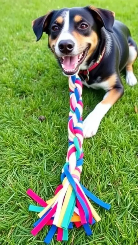 A dog playing with a colorful DIY t-shirt tug toy in a grassy area.