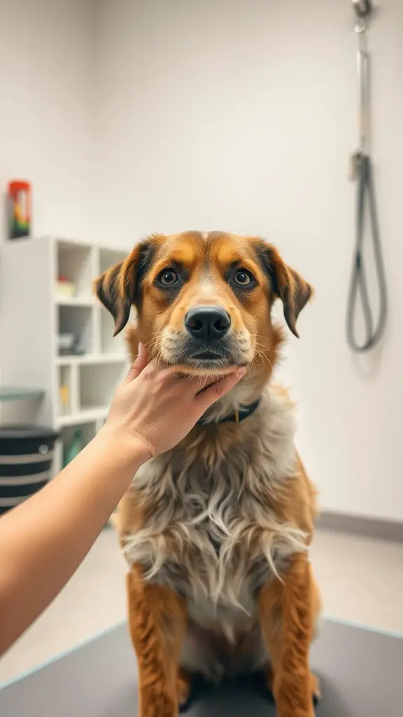 A dog being gently handled by a person, ready for grooming.