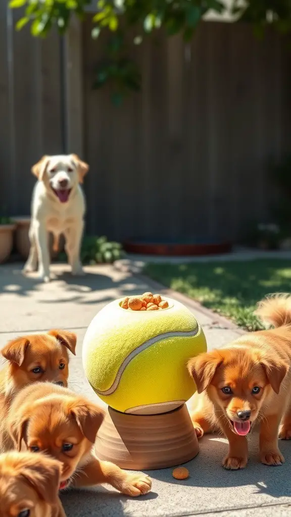 A group of small puppies playing around a tennis ball treat dispenser in a backyard.