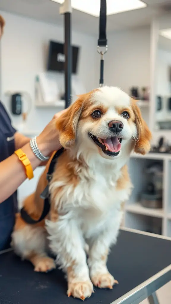 A happy dog at a grooming session, looking well-groomed and content.