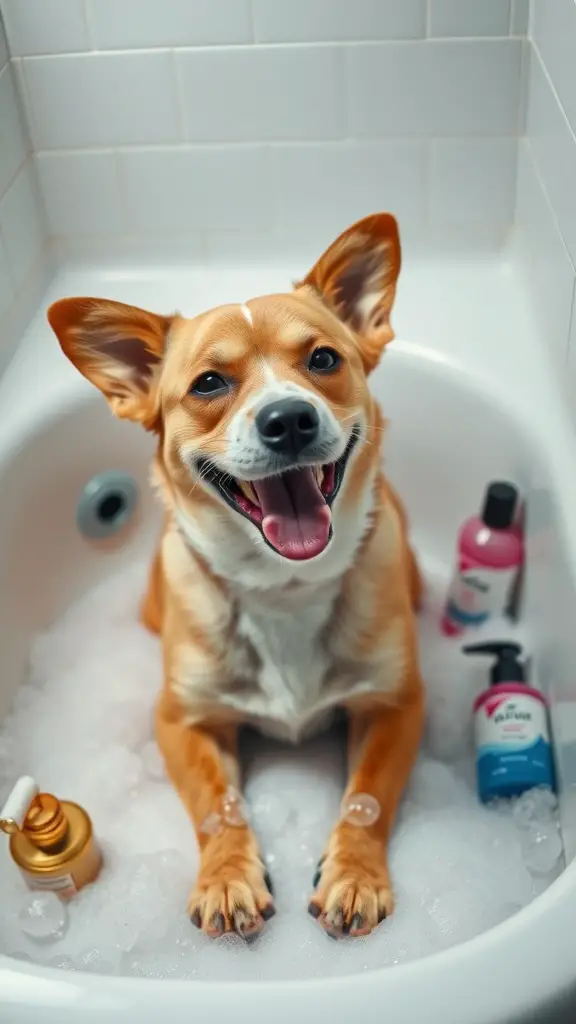 A happy dog sitting in a bathtub filled with bubbles, surrounded by grooming products.