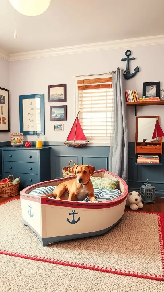 A themed dog bedroom featuring a boat-shaped bed, nautical decor, and cozy furnishings.