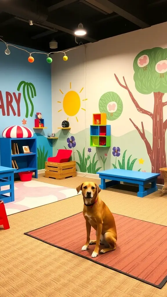 A colorful dog daycare room with beach-themed murals and playful decor.