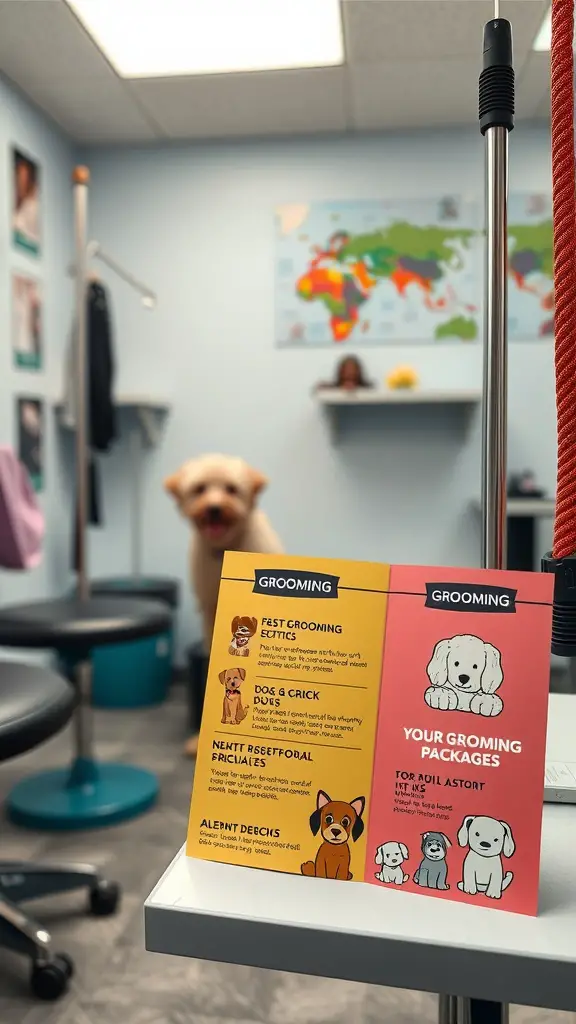 A colorful grooming menu displaying themed grooming packages in a dog grooming salon.