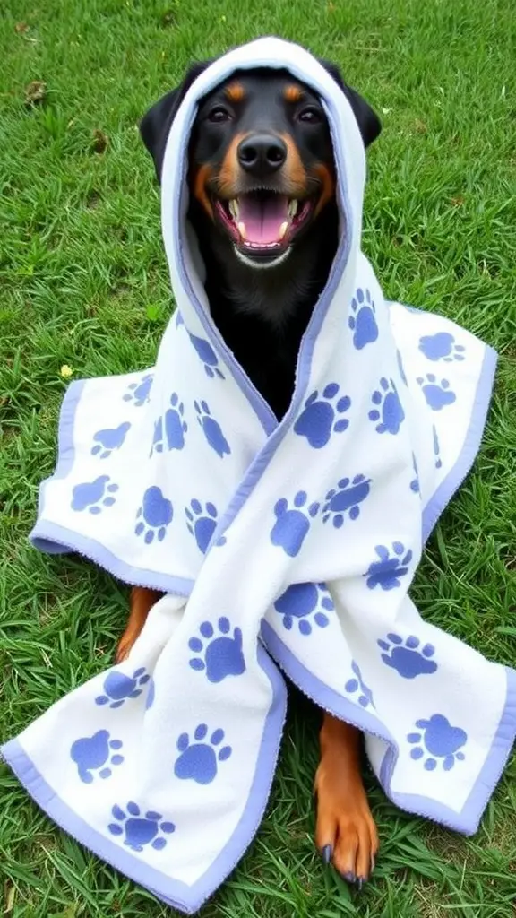A happy dog wearing a towel robe with paw prints, laying on green grass.
